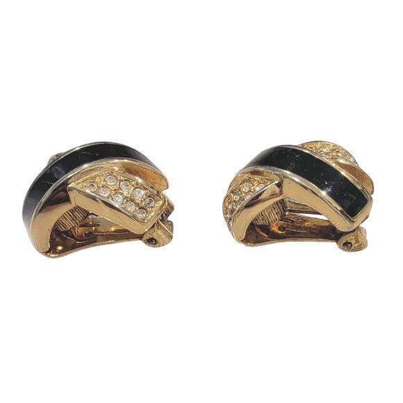 Christian Dior Black Enamel Gold Toned Round Crystal X Design Clip-On Earrings - Picture 2 of 6